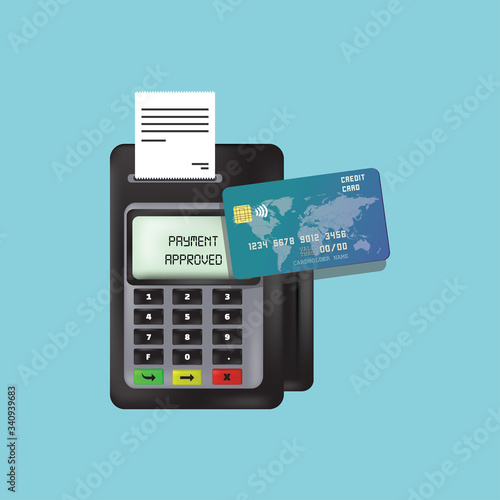 Vector payment machine and credit card. POS terminal confirms the payment by debit credit card, invoce.