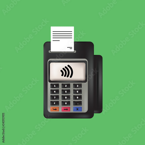 Vector payment machine and credit card. POS terminal confirms the payment by debit credit card, invoce.
