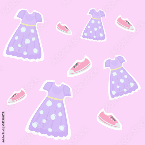 Seamless vector pattern with purple dress and shoes on a pink background. textile or paper. girlish pattern