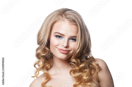 Happy beautiful blonde woman smiling isolated on white background