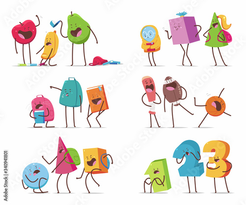 Bullying vector cartoon concept illustration with cute school element characters set isolated on a white background.
