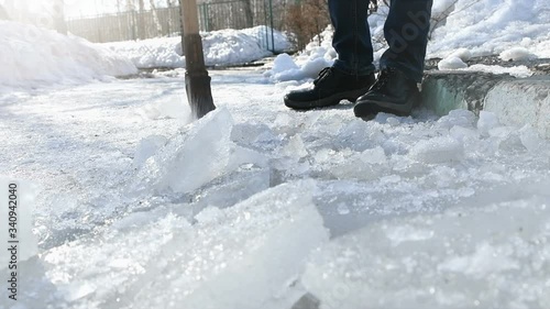 Wallpaper Mural Crushing ice on dorg with the help of a special ax. Spring work to accelerate the melting of ice on the asphalt. Slow motion. Torontodigital.ca