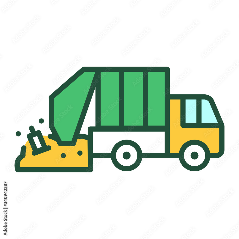 Naklejka premium Urban green garbage truck line color icon. Residential and commercial waste. Outline pictogram for web page, mobile app, promo.