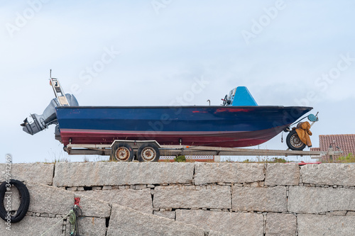 motor boat on a trailer close up vintage