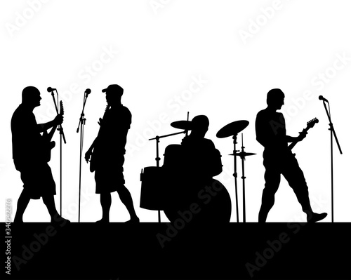 Rock band musicians on stage. Isolated silhouettes on a white background