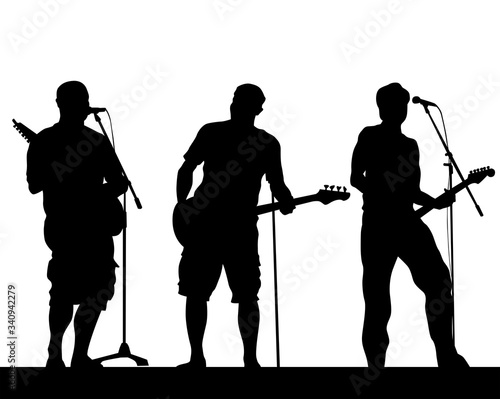 Rock band musicians on stage. Isolated silhouettes on a white background