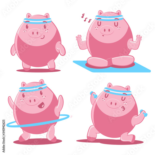 Cute pigs doing yoga and fitness exercises vector cartoon characters set isolated on a white background.