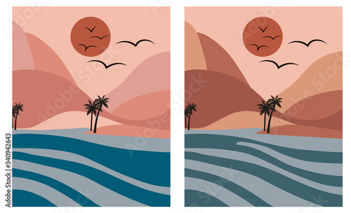 Pink romantic beach with palm trees and blue sea at dawn. Moon in the sky