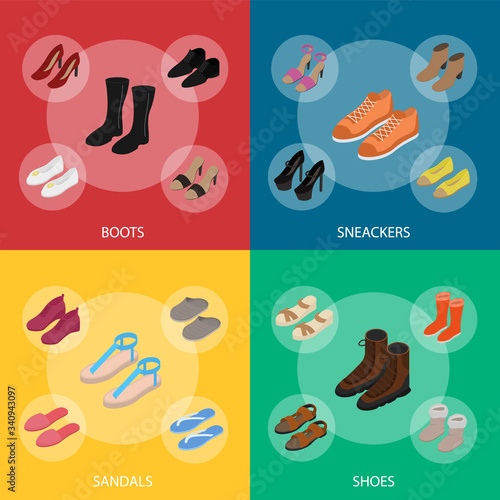 Shoes Concept 3d Banner Set Isometric View. Vector