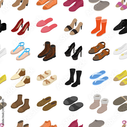 Shoes Concept Seamless Pattern Background 3d Isometric View. Vector