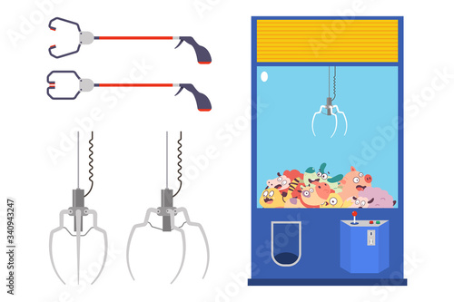 Grabber machine with toys and tools vector cartoon set isolated on a white background.