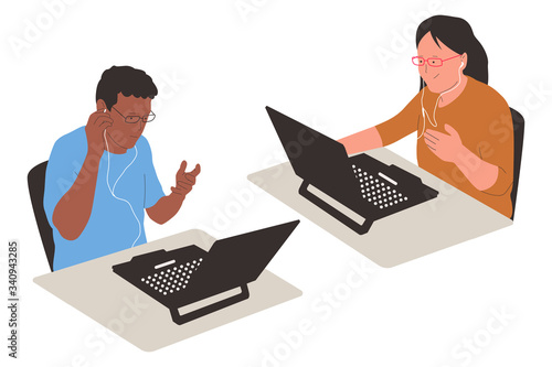 Online teaching vector cartoon illustration with teacher and student with laptop.