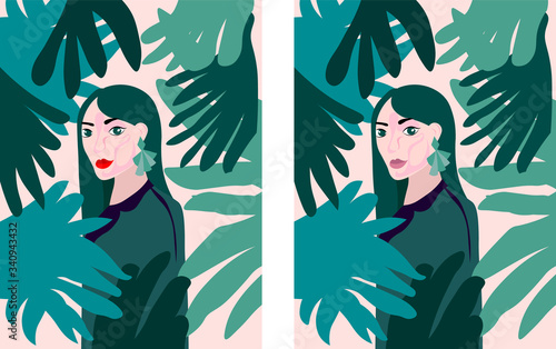 Lady with green earrings and outfit in a tropical forest full of leaves