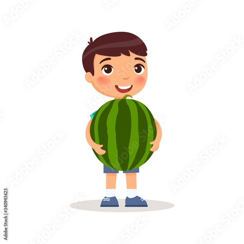 Cute boy holding watermelon flat vector illustration. Little caucasian child and big water melon. Happy preteen kid standing with huge summer fruit cartoon character isolated on white background