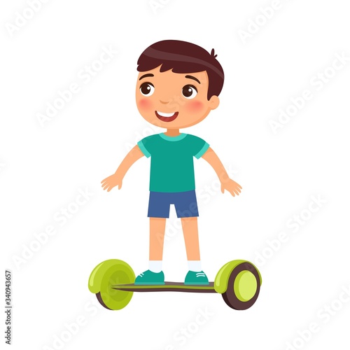Cute child with gyroscooter flat vector illustration. Little boy using urban scooter cartoon character. Kid with self balancing two wheeled board isolated on white. Sport and recreation