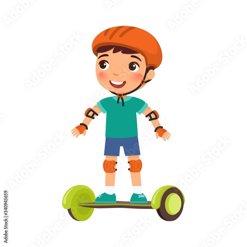 Little sportsman with gyroscooter flat vector illustration. Cute kid riding self balancing board cartoon character. Boy with modern electric transport isolated on white. Recreation and leisure concept