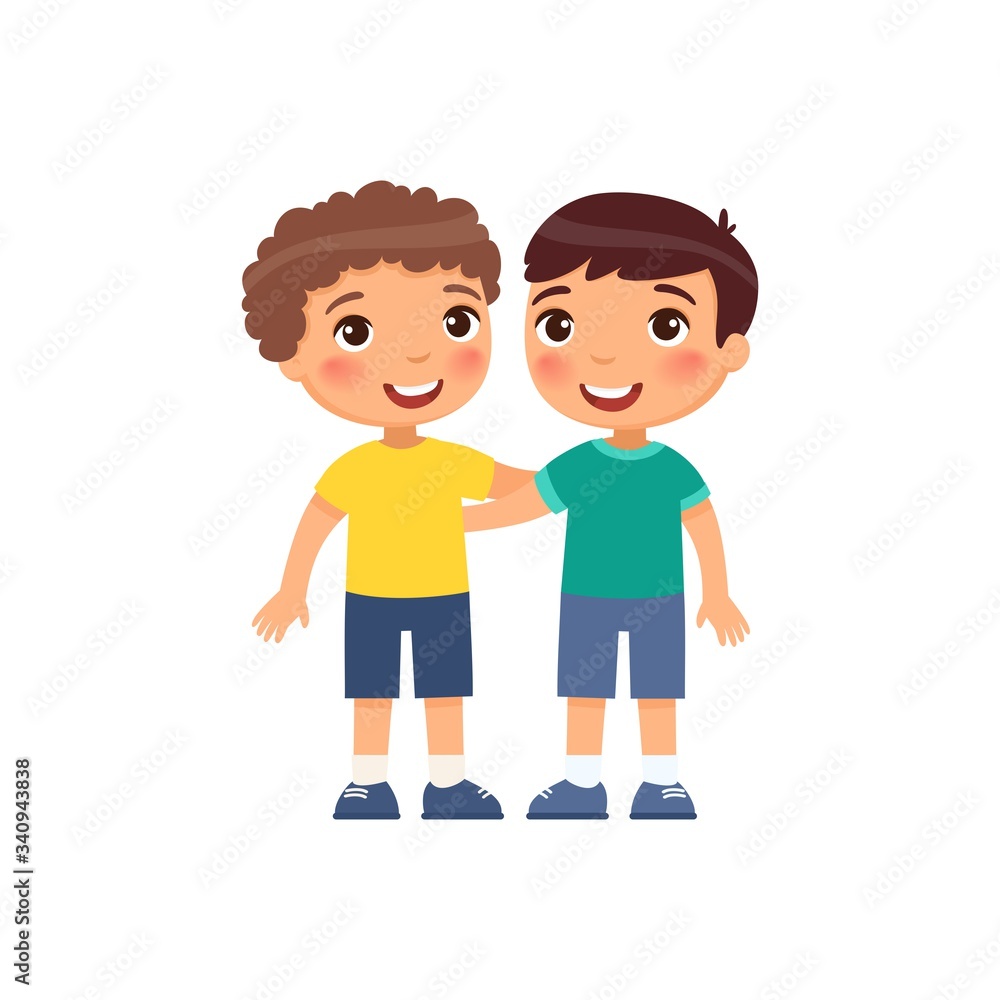 Two little boys hugging cartoon characters. Smiling kids isolated on white background.