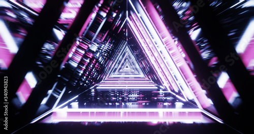 Abstract futuristic corridor with triangles, fluorescent ultraviolet light, colorful laser neon lines, geometric endless tunnel, blue pink spectrum