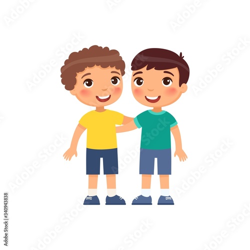Two little boys hugging cartoon characters. Smiling kids isolated on white background.