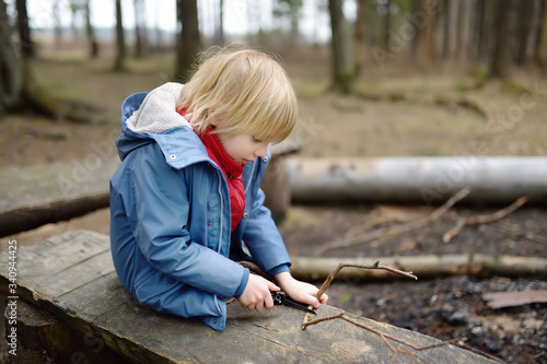 Little boy saws a branch with a small penknife on a large felled log while walking in the forest at spring.