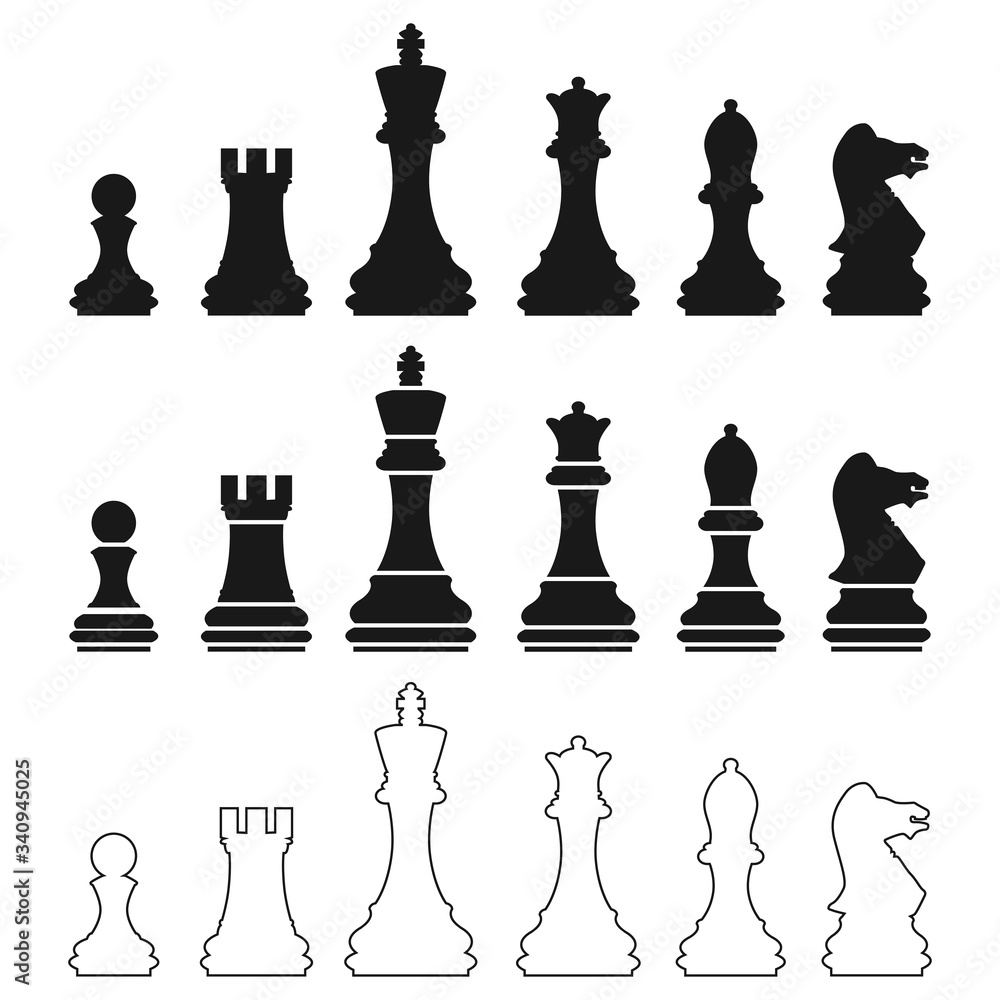 Set chess. Silhouettes of chess pieces in various styles. An ancient logic game. Vector illustration isolated on a white background for design and web. Set chess. Silhouettes of chess pieces in various styles. An ancient logic game. Vector illustration isolated on a white background for design and web.