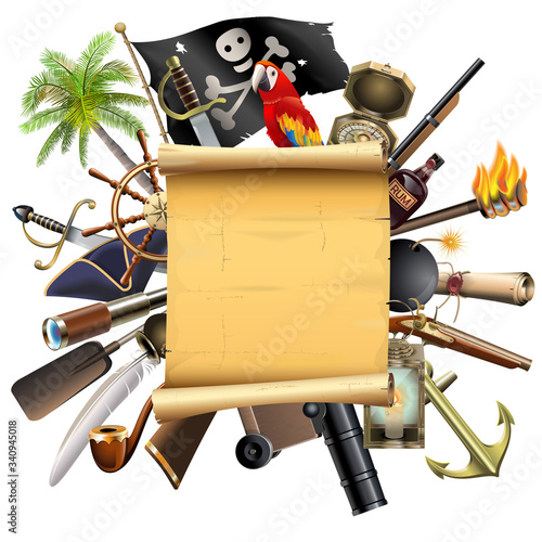 Foto Vector Papyrus Scroll with Pirate Accessories