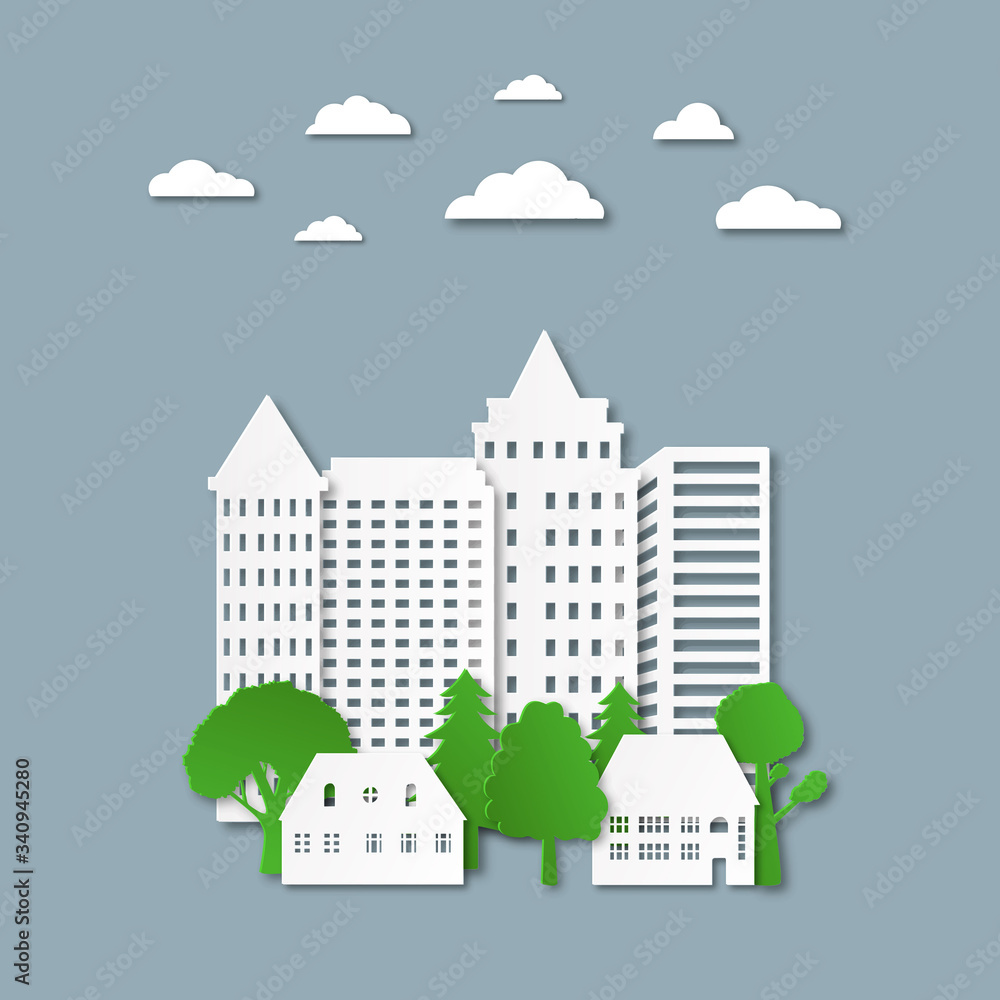 Paper city building with skyline. Urban environment with tower, houses, green trees.Industrial background with silhouettes skyscraper. Concept of ecology town. Creative cityscape poster. Cut vector.
