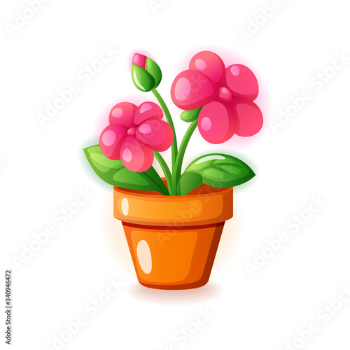 Pink spring home flower in pot icon, vector illustration