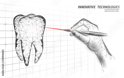 Medical healthy human tooth 3d. Medicine model low poly. Doctor online laser surgery concept. Dentistry web healthcare dentist stomatologist modern technology vector illustration