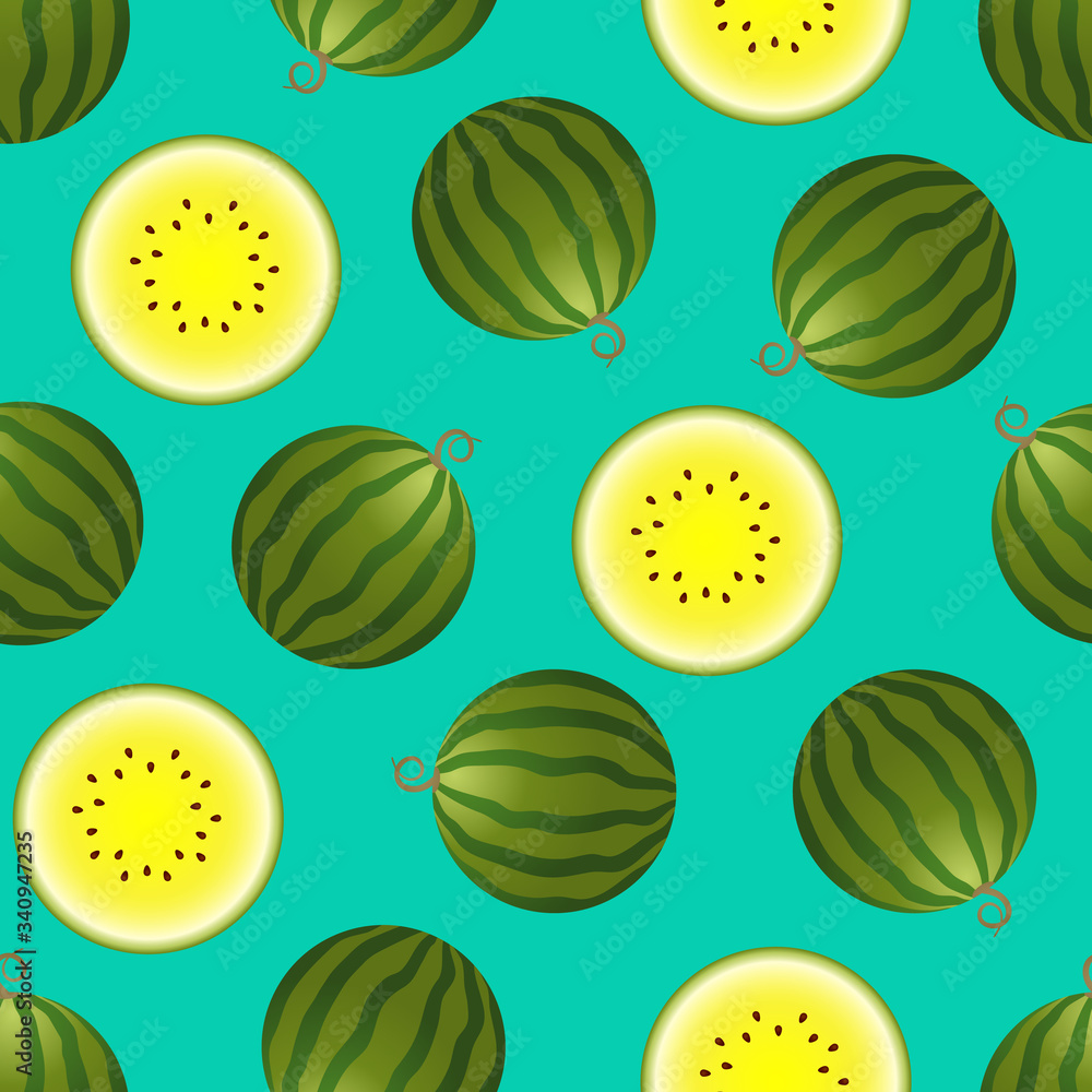 Vector watermelon seamless pattern. Whole and half watermelon on turquoise background. Colorful vector illustration gradient fill in flat style. Vector watermelon seamless pattern. Whole and half watermelon on turquoise background. Colorful vector illustration gradient fill in flat style.
