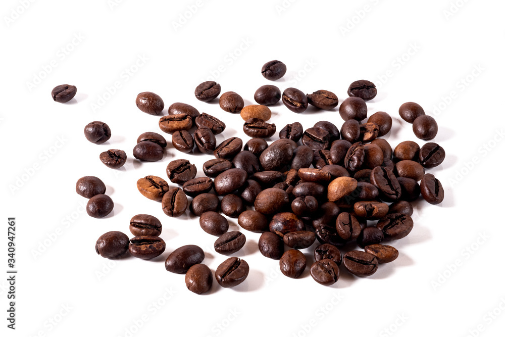 Heap of fresh roasted coffee beans isolated on white background stock photo Heap of fresh roasted coffee beans isolated on white background stock photo