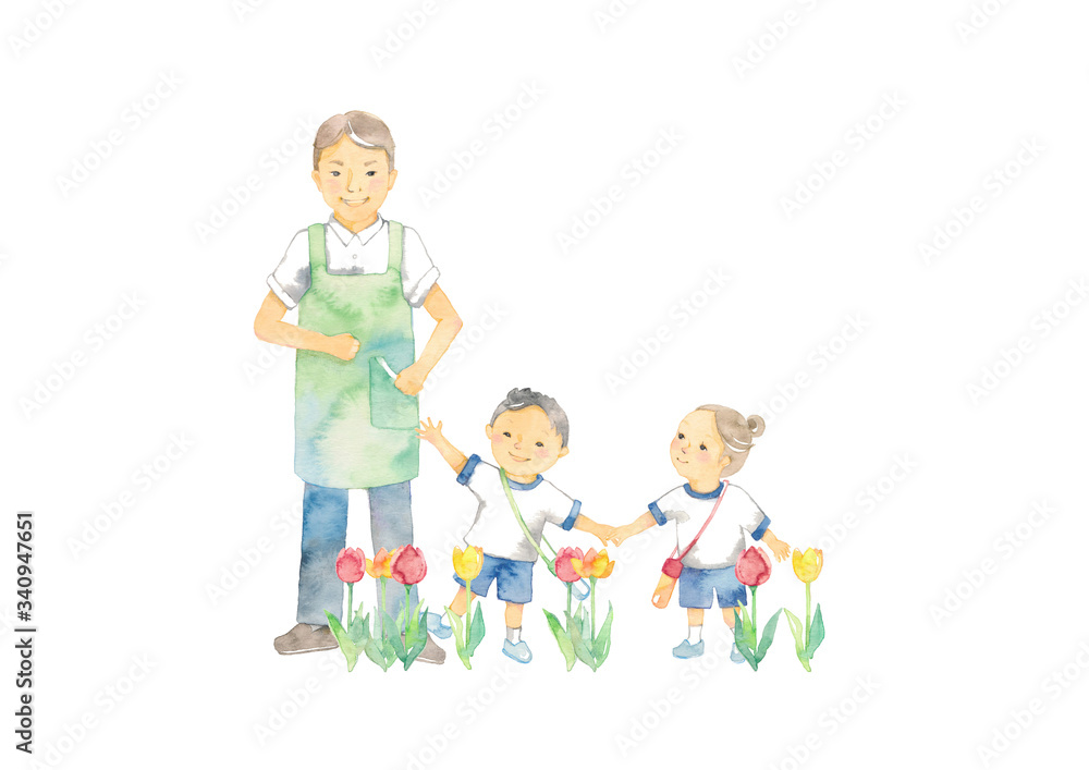 幼稚園児と保父さん、お散歩