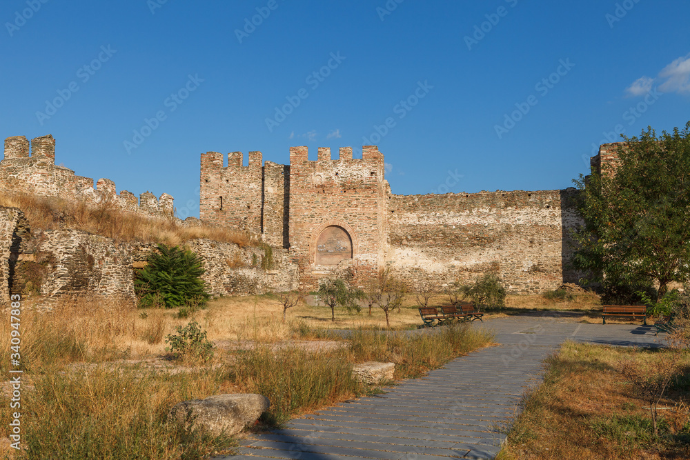 THESSALONIKI, GREECE - SEPTEMBER 15, 2018: The view on Byzantine fort, named Heptapyrgion from the city ramparts