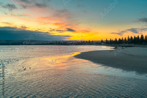 Sunset over Victor Harbor beach viewed from jetty  Encounter Bay  South Australia