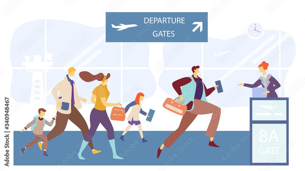 Passengers running to flight boarding gate, people in airport terminal, vector illustration. Family travelers hurry to board airplane, man and woman late for departure. Route change schedule delay Passengers running to flight boarding gate, people in airport terminal, vector illustration. Family travelers hurry to board airplane, man and woman late for departure. Route change schedule delay