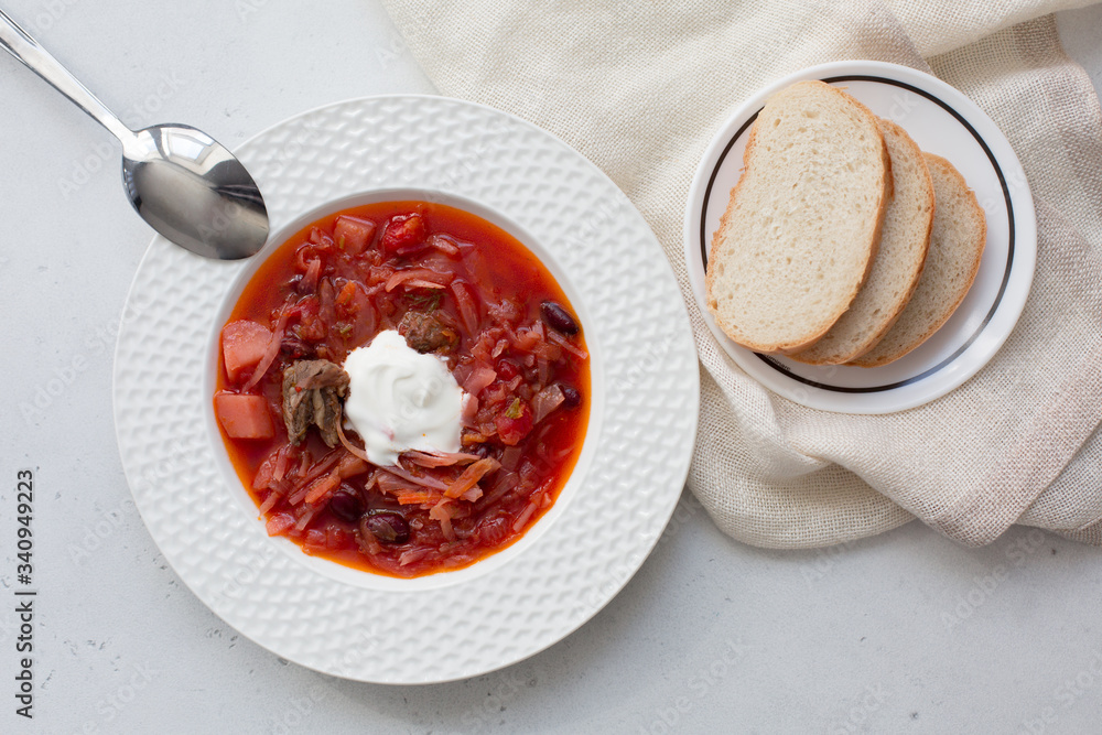 Borsht - Russian beetroot soup with sour cream. Homemade. White background. Borsht - Russian beetroot soup with sour cream. Homemade. White background.