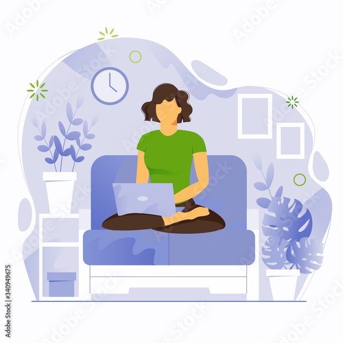 Work online from home and freelance. A girl in a lotus position sits on a sofa and works at a laptop. Flat illustration isolated on white background.
