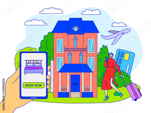 Hotel online booking concept, mobile phone app, woman traveler cartoon character, vector illustration. Internet application for accommodation reservation, female tourist arrives to hostel or motel