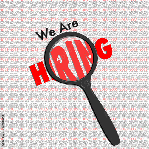 Advertisement banner/flyer for hiring people looking for jobs. Magnifying glass enlarging the word "hiring". Seamless text pattern background. Space for custom text