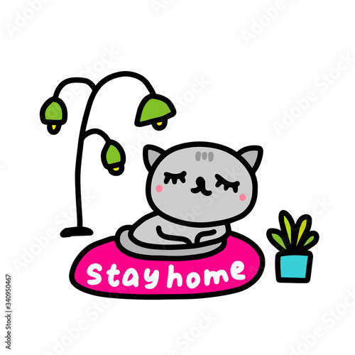 Stay home sad cat hand drawn vector illustration in cartoon comic style isolation while coronavirus covid-19 infection