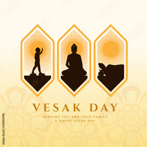 Vesak day banner with Three events on vesak Day are Nativity , Enlightenment and nirvana in frame vector design