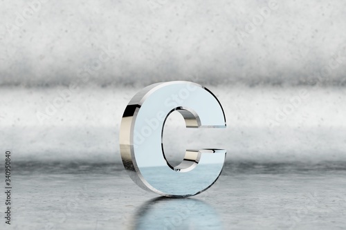 Chrome 3d letter C lowercase. Glossy chrome letter on scratched metal background. Metallic alphabet with studio light reflections. 3d rendered font character.