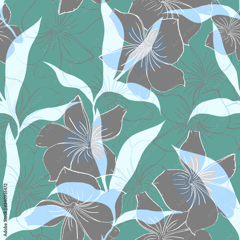 Fototapeta premium floral seamless pattern with beautiful flowers on a green background