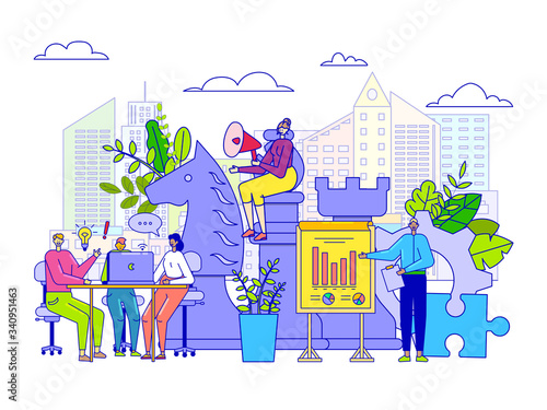 Fototapeta Naklejka Na Ścianę i Meble -  Business strategy concept, people cartoon characters and chess figures, vector illustration. Men and women discuss project solution, manager presentation. Team brainstorming together, marketing plan