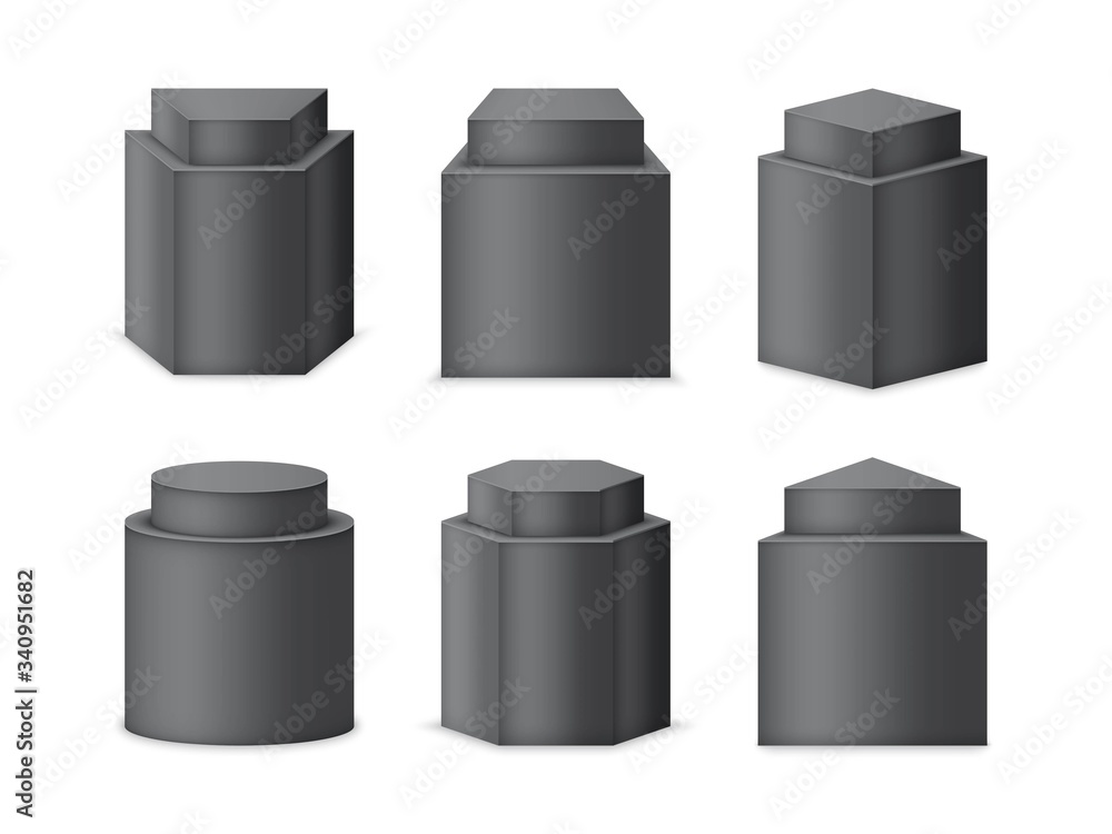 Pedestals set. 3d realistic podiums or stands. Different geometric shapes such as cube, prism or cylinder Pedestals set. 3d realistic podiums or stands. Different geometric shapes such as cube, prism or cylinder
