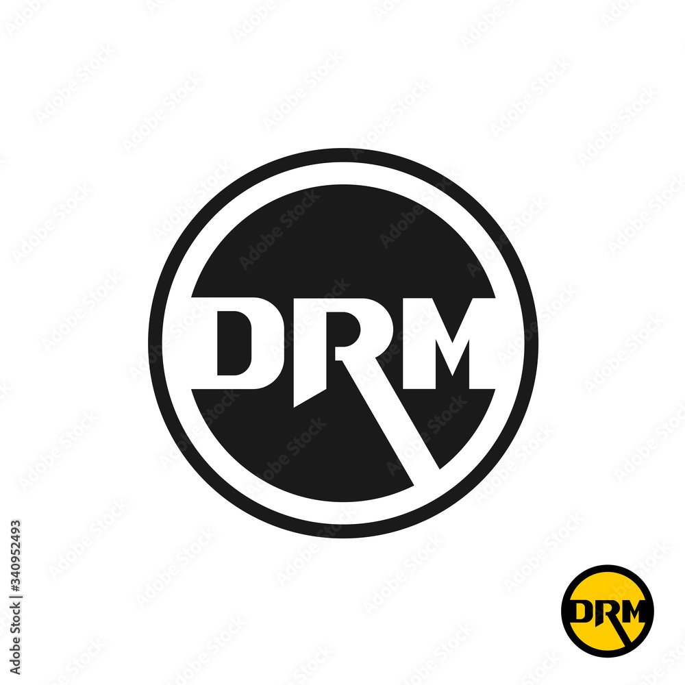 Digital rights management DRM acronym logo. Three initial letters D, R and M in a black round badge. Digital rights management DRM acronym logo. Three initial letters D, R and M in a black round badge.