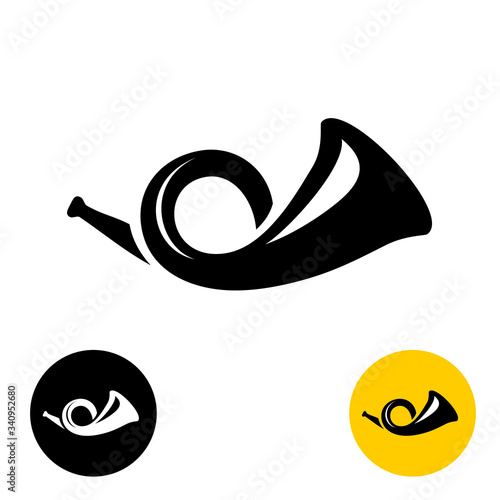 Vintage hunting or postman french horn. Post service symbol. Blow horn car sign.