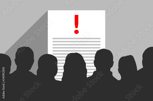 Silhouettes of people and paper with exclamation mark