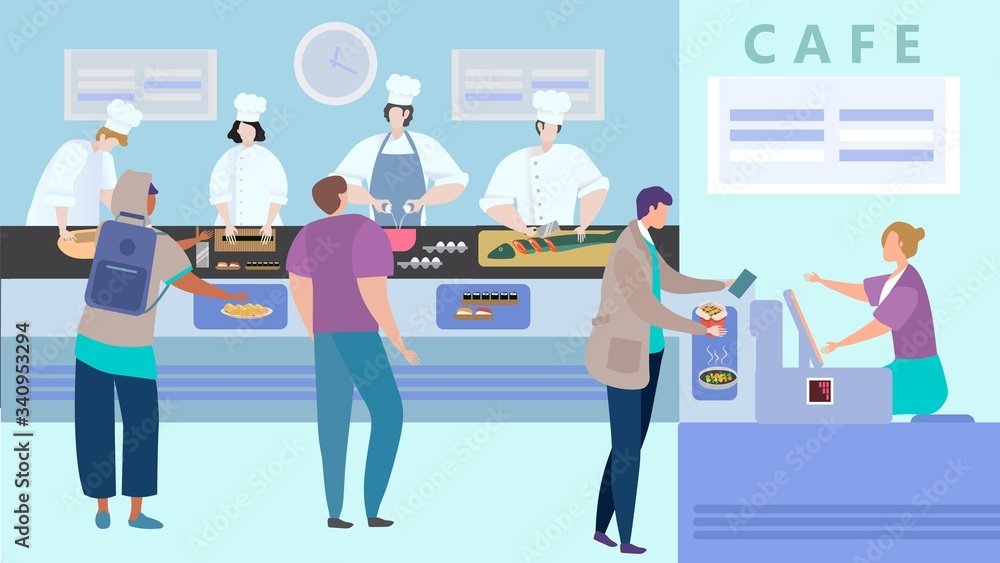 People order fresh Asian food in cafe, lunch menu in cafeteria, sushi canteen, vector illustration. Men and women in cook uniform, client choose fresh seafood meal. Cashier in Oriental restaurant