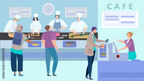 People order fresh Asian food in cafe, lunch menu in cafeteria, sushi canteen, vector illustration. Men and women in cook uniform, client choose fresh seafood meal. Cashier in Oriental restaurant